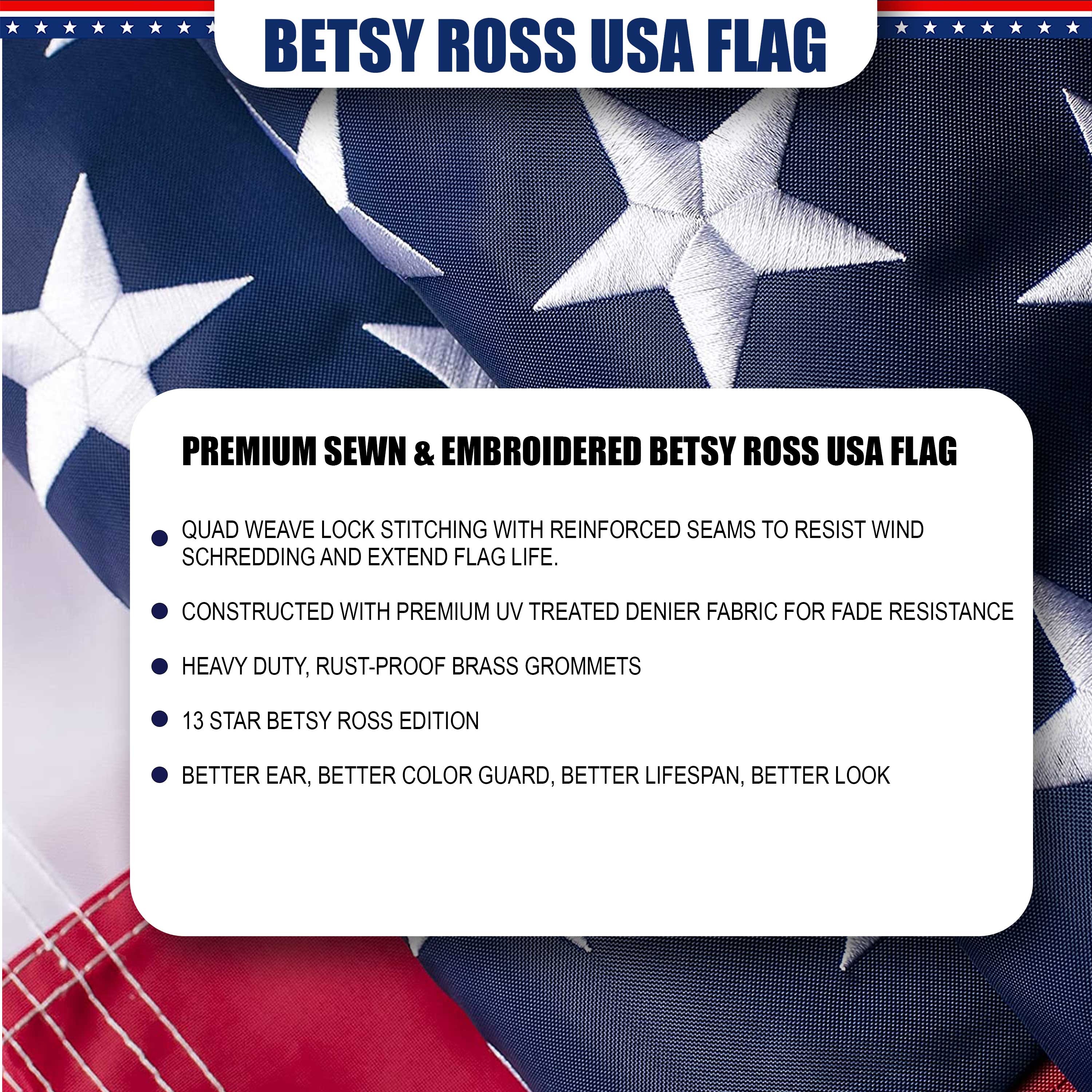 Betsy Ross Sewn & Embroidered Flag